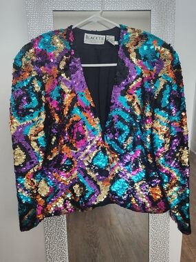 Black Tie Oleg Cassini Multicolor Sequin Blazer in Turquoise, Purple & Gold